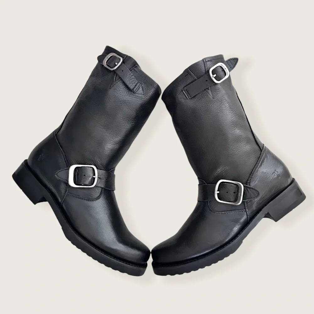 Frye Veronica Short Belted Black Leather Popular Moto Vintage Combat Ankle Boot - Picture 10 of 16
